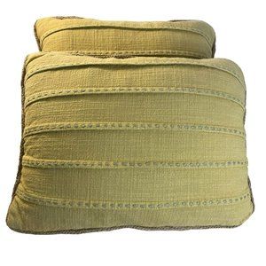 Tuscan Yellow Gray Corded Pleated Down Throw Pillows Linen Look 17x12 Set of 2